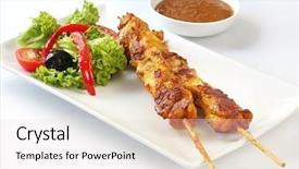  Presentation with food satay - Slides with oriental food - chicken kebabs and salad skewed background and a lemonade colored foreground