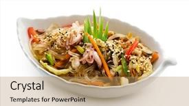  Presentation with seafoods - Amazing slide deck having oriental food - japanese cuisine - rice noodle backdrop and a coral colored foreground