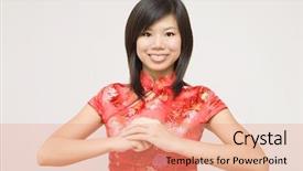  Presentation with chinese new year - Audience pleasing presentation theme consisting of oriental girl wishing you a happy chinese new year backdrop and a coral colored foreground