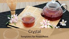  Presentation with bamboo cups - Presentation theme having oriental herbal nutrients - kuchika japanese roasted green twig background and a coral colored foreground