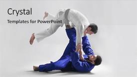  Presentation with martial arts - Slide set with oriental judo - young sporty men practicing martial background and a light gray colored foreground