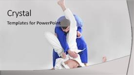  Presentation with martial arts - Presentation design consisting of oriental judo - young sporty men practicing martial background and a light gray colored foreground