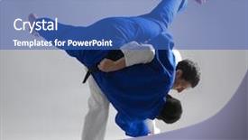  Presentation with martial arts - Colorful PPT theme enhanced with oriental judo - young sporty men practicing martial backdrop and a teal colored foreground