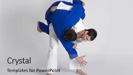  Presentation with martial arts - Beautiful PPT theme featuring oriental judo - young sporty men practicing martial backdrop and a light gray colored foreground