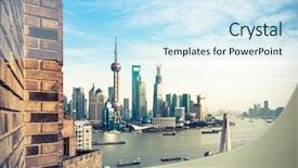 Presentation with financial center - Presentation design consisting of oriental pearl tower and shanghai background and a sky blue colored foreground