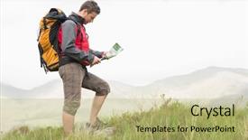  Presentation with hiking - Beautiful theme featuring man in blue plaid shirt in his hand holding cell phone backdrop and a gray colored foreground