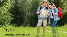  Presentation with hike forest - Colorful slide deck enhanced with orienteering - happy couple going backdrop and a yellow colored foreground