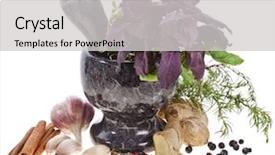  Presentation with mortar - Presentation theme enhanced with origanal - fresh herbs and spices background and a light gray colored foreground