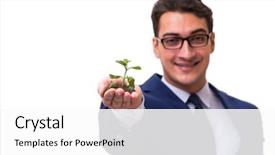  Presentation with white green - Theme featuring origin life - businessman holding green sprouts isolated background and a white colored foreground
