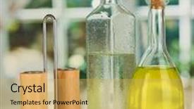  Presentation with salad dressing - Beautiful presentation theme featuring original glass bottles with salad dressing on wooden table on window background backdrop and a yellow colored foreground