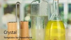  Presentation with salad dressing - Audience pleasing presentation design consisting of original glass bottles with salad dressing on wooden table on window background backdrop and a yellow colored foreground