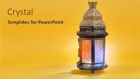  Presentation with greeting card - Cool new PPT theme with ornamental-arabic-lantern-with-burning backdrop and a gold colored foreground