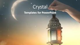  Presentation with greeting card - Amazing slide deck having ornamental-arabic-lantern-with-burning backdrop and a dark gray colored foreground