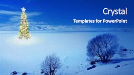  Presentation with animated christmas tree - Audience pleasing PPT theme consisting of ornaments on snow covered landscape backdrop and a royal blue colored foreground