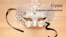  Presentation with masks - PPT theme featuring ornate masks isolated on the wooden background background and a lemonade colored foreground