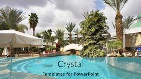 Presentation with palm beach - Amazing PPT layouts having ornate pool in an environment of palm trees awnings and beach plank beds backdrop and a seafoam green colored foreground