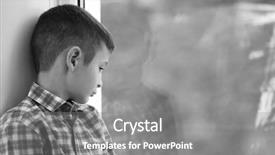  Presentation with orphan children - Beautiful PPT theme featuring orphan children - sad boy sitting near window backdrop and a gray colored foreground