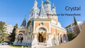  Presentation with church - Colorful PPT theme enhanced with orthodoxy church in nice riviera backdrop and a light blue colored foreground
