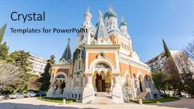  Presentation with redevelopment of church - Slides with orthodoxy church in nice riviera background and a light blue colored foreground