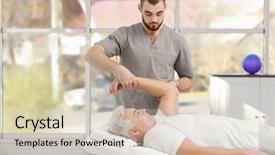  Presentation with working in a clinic - Beautiful PPT theme featuring orthopaedic - physiotherapist working with patient backdrop and a soft green colored foreground
