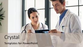  Presentation with hospital - Colorful PPT theme enhanced with orthopedic center - two young dedicated doctors analyzing backdrop and a mint green colored foreground