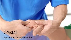  Presentation with sports massage therapist - Colorful slide deck enhanced with orthopedic rehab center - physiotherapist giving hand massage backdrop and a  colored foreground