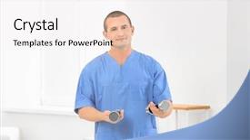  Presentation with orthopedic - Amazing theme having orthopedic rehab center - physiotherapist with dumbbells in rehabilitation backdrop and a  colored foreground