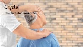  Presentation with vintage interior brick wall - Slides with orthopedic rehab center - physiotherapist working with patient background and a lemonade colored foreground