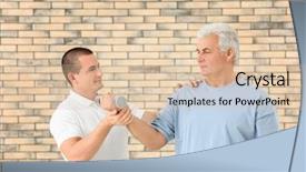  Presentation with brick wall - Slides enhanced with orthopedic rehab center - physiotherapist working with patient background and a  colored foreground
