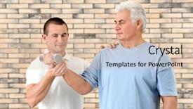  Presentation with vintage interior brick wall - PPT layouts consisting of orthopedic rehab center - physiotherapist working with patient background and a  colored foreground