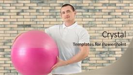  Presentation with vintage interior brick wall - Slides featuring orthopedic rehab center - young physiotherapist with fitball background and a  colored foreground