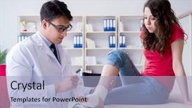  Presentation with injury - Slides having ortopedic surgery - doctor and patient during check-up background and a light blue colored foreground