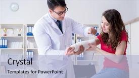  Presentation with patient check up tecnology - Colorful presentation theme enhanced with healing bones - doctor and patient during check-up backdrop and a light blue colored foreground