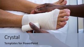  Presentation with bandaging - Beautiful slides featuring bandages - doctor bandaging patients leg backdrop and a light blue colored foreground