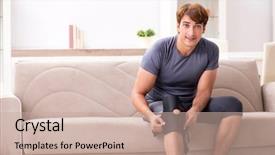  Presentation with sports injury - PPT theme consisting of ligament - injured man recovering at home background and a coral colored foreground