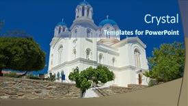  Presentation with church - Presentation design featuring ortodox-church-in-karystos-village background and a ocean colored foreground