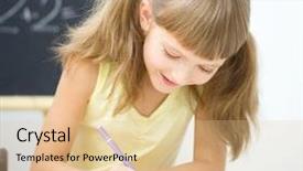  Presentation with writing pen - Beautiful PPT layouts featuring ortography - cute little girl is writing backdrop and a lemonade colored foreground