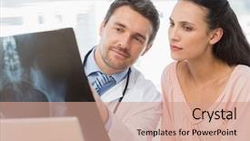  Presentation with doctor and patient medical consultation - Presentation design featuring os - male doctor explaining x-ray report background and a coral colored foreground