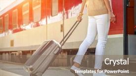  Presentation with electric train goes by rail - PPT theme with os - woman with her luggage go background and a coral colored foreground