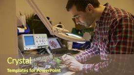  Presentation with electrical engineer - PPT layouts with oscilloscope - electrical engineer soldering circuit board background and a violet colored foreground