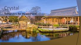  Presentation with thatch roof - Beautiful theme featuring oshino-japan-historic-thatch-roof backdrop and a light blue colored foreground