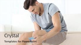  Presentation with home - Beautiful slides featuring osteoarthritis - young man applying cold compress backdrop and a coral colored foreground