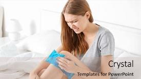  Presentation with home - Amazing slides having young woman applying cold compress to leg at home backdrop and a coral colored foreground