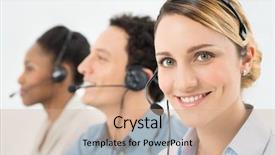  Presentation with call center performance reporting - Colorful PPT theme enhanced with other colleague in call center backdrop and a coral colored foreground