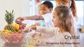  Presentation with school cafeteria - Colorful presentation theme enhanced with other kids at the fruit backdrop and a coral colored foreground