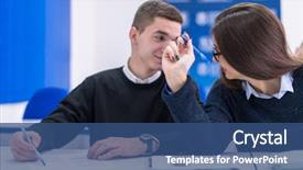  Presentation with young man and a woman - Audience pleasing presentation theme consisting of others working on a project backdrop and a  colored foreground