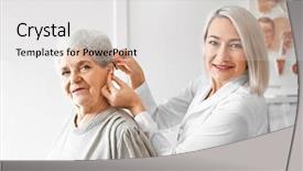  Presentation with hearing aid - Colorful PPT theme enhanced with otolaryngologist putting hearing aid backdrop and a light gray colored foreground
