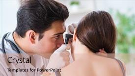  Presentation with medical ear - Beautiful slide deck featuring otolaryngology - doctor checking patients ear backdrop and a coral colored foreground