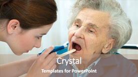  Presentation with sore throat - PPT theme having otolaryngology - doctor examines elderly woman background and a coral colored foreground