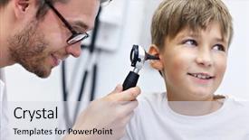  Presentation with ear - PPT layouts consisting of otolaryngology - male doctor examining boy's ear background and a sky blue colored foreground